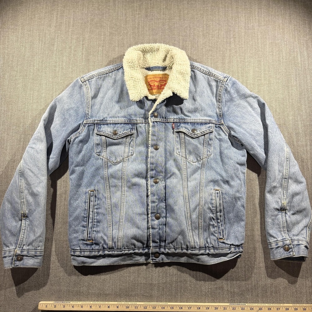 Levi's Sherpa Denim Jacket‎ Mens Medium Blue Lined Bomber Trucker Warm Coat